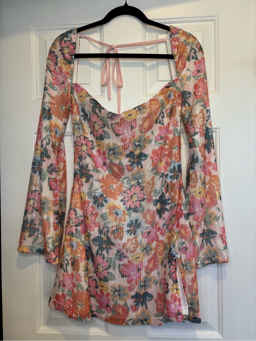 Beginning Boutique Floral Sequin Mini Dress in Pink, Peach, Green